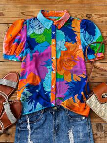 Breezaya 女士节日花卉印花短款泡泡袖宽松休闲衬衫 - 藍色 - 查看 1