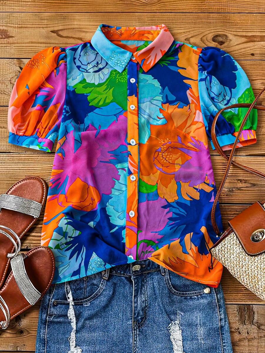 Breezaya 女士节日花卉印花短款泡泡袖宽松休闲衬衫 - 藍色 - 查看 1