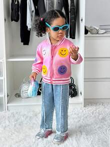 SHEIN Explorewe Chaqueta de manga larga con cara sonriente bordada para bebés niñas, otoño/invierno - Rosa - Ver 7