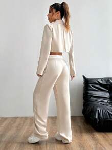 Flirla Women's Casual Solid Color Jacket And Pants Suit, Spring And Autumn Fall Cloth For Women - Apricot - View 2
