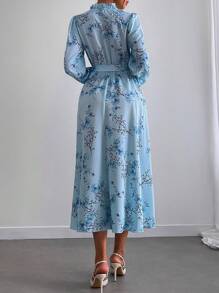 SHEIN Clasi Ladies Floral Print Patchwork Frill Trim Long Sleeve Midi Casual Dress - Blue and White - View 2