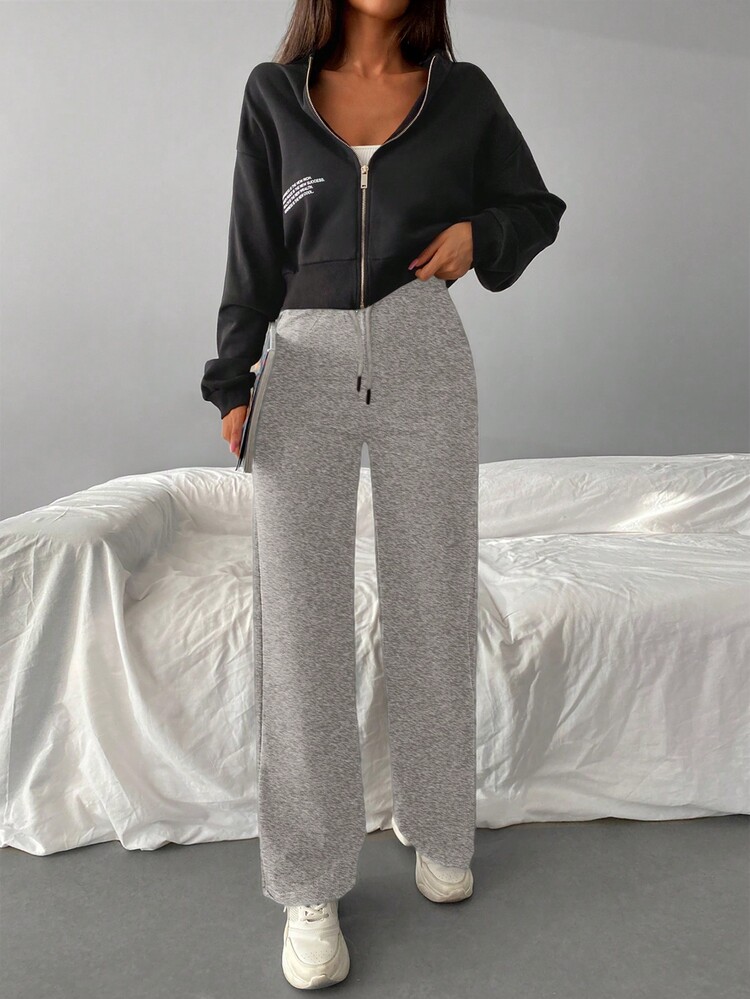 Cottnline Solid Drawstring Waist Joggers - Grey - View 5