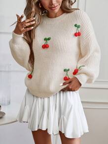 Chiquease Áo len chui đầu thêu tay 3D hình quả anh đào dành cho nữ - Màu be - Xem 5