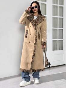 SHEIN EZwear Áo khoác cổ bẻ in họa tiết da báo và nâu cổ điển cài hai hàng khuy cho mùa thu - Nhiều màu - Xem 4