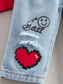 SHEIN Baby Girl Casual Solid Color Collar Top & Slogan Heart Printed Ripped Jeans Set, Spring Summer - Red - View 5