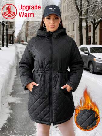 SHEIN EZwear Dicke warme Winter Jacke mit Wärmeisolierung für Damen Große Größen, schwarz, verstellbare Taille mit Kordelzug, locker bis schlank, Zweiwege-Reißverschluss