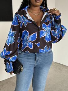 Maweii Oversize Blumen Allover Muster Langarm Knopf-Vorder Lässig Hemd - Verschiedenfarbig - Übersicht 6