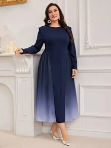 Modelyn 大码女式渐变色下摆圆领长袖优雅连衣裙，适合春秋季节 - 彩色 - 查看 1
