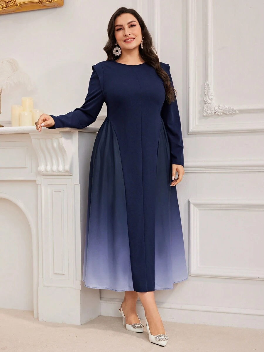 Modelyn 大码女式渐变色下摆圆领长袖优雅连衣裙，适合春秋季节 - 彩色 - 查看 1