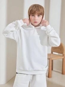 SHEIN Tween Boy Letter Patched Detail Hoodie & Shorts - White - View 8