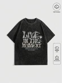 ROMWE Grunge Punk 标语图案 T 恤 活在当下 有时你只需要放手，活在当下，学校 - 黑色 - 查看 4