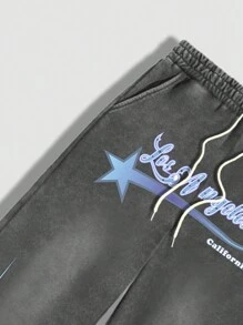 ROMWE MEN Prep 男式宽松字母与五角星印花抽绳腰袋运动裤 - 灰色 - 查看 4