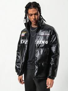 SHEIN Teen Boy Letter Print Stand Collar Padded Coat - Black - View 6