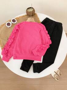 SHEIN 女小童愛心圖案荷葉邊插肩袖運動衫和緊身打底褲 - 玫紅色 - 查看 2