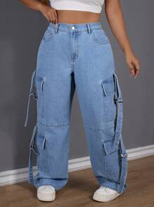 SHEIN SXY Plus Size High Waist No-Stretch Multi-Pocket Decorated Straight Boyfriend Jeans - Light Wash - View 3