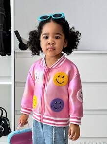 SHEIN Explorewe Chaqueta de manga larga con cara sonriente bordada para bebés niñas, otoño/invierno - Rosa - Ver 5