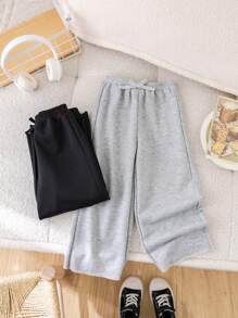 SHEIN 2 件套年轻女孩纯色针织宽松休闲阔腿运动裤