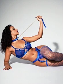 EmpressEnvy 女士链条装饰镂空网眼性感内衣套装，外出 - 寶藍色 - 查看 5