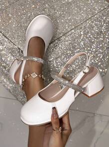 1 Pair Thick Heel Faux Leather Backstrap High Heels, Suitable For Teenagers And All Seasons