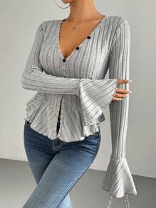 Chiquease Bell Sleeve & Ruffle Design Casual T-Shirt, Spring Autumn - Light Grey - View 5