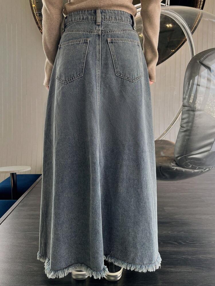 Women's Button Front Pocket Plain Denim Skirt, Casual Daily Wear Jeans Skirt Fall/Winter