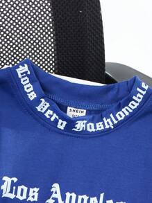 SHEIN 男童休闲趣味英文字母图案圆领短袖T恤，适合日常穿着、上学、郊游、运动、春夏季 - 藍色 - 查看 6