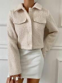 DAZY Fleece Cropped Casual Jacket For Women - Beige - View 6