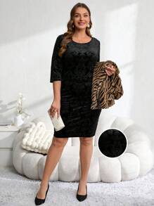 EMERY ROSE 大码纯色黑色圆领长袖简约短款休闲连衣裙，秋季女装