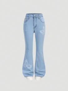 SHEIN Explorewe Tween Girl 美式街头风蝴蝶印花弹力喇叭牛仔裤