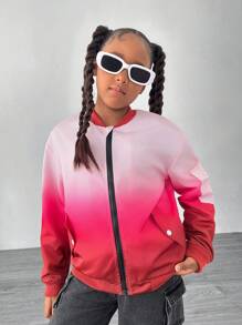 SHEIN Explorewe 1 件 Tween 女童时尚渐变色拉链夹克，秋冬季