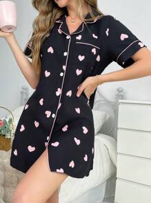 Snug Zone Contrast Color Trim Heart Print Lapel Cardigan Women Nightgown - Pink - View 6