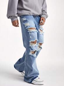 PAVTROS Quần Harem ống rộng rộng rãi màu xanh xám denim giặt dành cho nam - Màu xanh bụi bặm - Xem 6