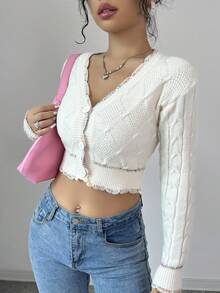 SHEIN Essnce 女士 V 领长袖短款优雅开衫，秋冬 - 米色 - 查看 5