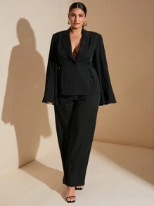 SHEIN BAE Traje de chaqueta y pantalones de pernera ancha elegantes para viajes de negocios, talla grande, con chaqueta negra con solapa, manga acampanada y plisado en la cintura, y pantalones de vestir de dos piezas