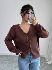 Selianne Women's Solid Color Drop Shoulder Long Sleeve Front-Tie Cardigan, Autumn/Winter,Long Sleeve Tops Fall Cloth For Women - Coffee Brown - View 4