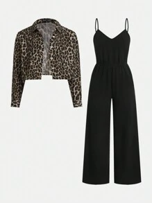 SHEIN Essnce Conjuntos de mujer Ropa de mujer Conjuntos de otoño para mujeres 2 piezas Blusa con botones y estampado de leopardo y conjunto de mono de tirantes de color liso Mono de camisola liso y conjunto de camisa con estampado de leopardo