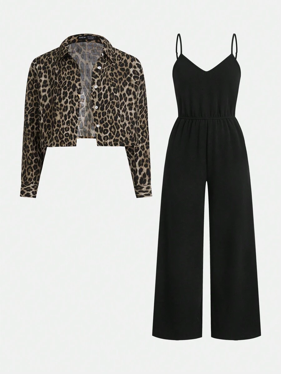 SHEIN Essnce Conjuntos de mujer Ropa de mujer Conjuntos de otoño para mujeres 2 piezas Blusa con botones y estampado de leopardo y conjunto de mono de tirantes de color liso Mono de camisola liso y conjunto de camisa con estampado de leopardo