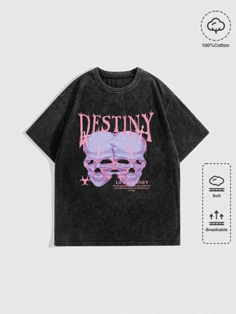 Street Life Women's Loose Fit Short Sleeve T-Shirt With Pink Skull Print, Chopped Snow Wash, Punk Style, School