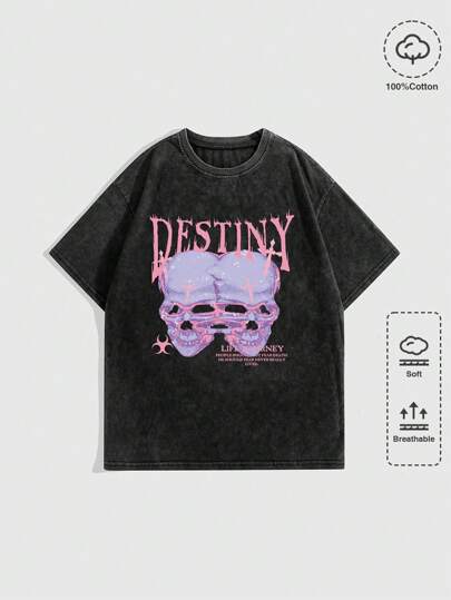 Street Life Women's Loose Fit Short Sleeve T-Shirt With Pink Skull Print, Chopped Snow Wash, Punk Style, School