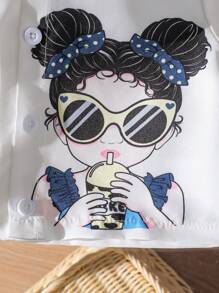 SHEIN 女宝宝时尚太阳镜印花短衬衫搭配百褶裙套装，适合夏季休闲外出、购物、摄影 - 藍色 - 查看 4