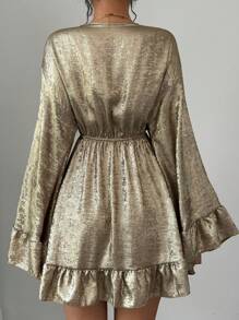 Chiquease Vestido de midi de manga campana con acabado metálico y escote en V para mujer, ropa para fiestas de Año Nuevo y primavera/otoño - Dorado - Ver 2