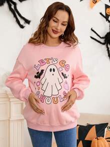 SHEIN Maternity Pink Drop Shoulder Letter Graphic Sweatshirt For Fall And Winter, Halloween - Pink - View 4