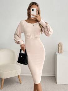 SHEIN LUNE 女士纯色圆领灯笼袖修身优雅连衣裙，春夏 - 杏色 - 查看 5