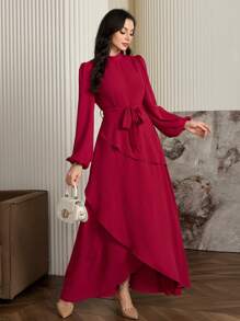 Modelyn 女士优雅束腰修身不对称袖长连衣裙 - 玫紅色 - 查看 4