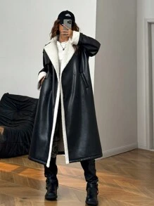 SHEIN EZwear Fashionable Thermal Lined Long Coat For Autumn/Winter - Black - View 4