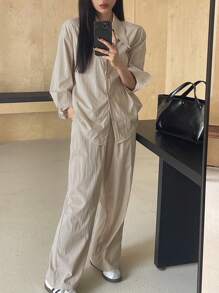 DAZY 女士纯色长袖衬衫和阔腿裤两件套休闲套装 - 杏色 - 查看 4