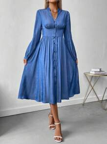 SHEIN LUNE 女士纯色前扣长袖褶皱休闲中长连衣裙