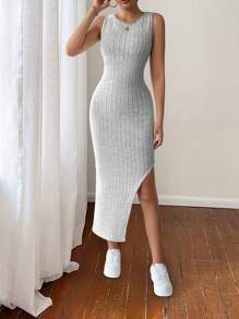 Chiquease 女士圆领无袖镂空前开衩修身优雅连衣裙