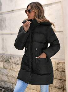 EURMUSE Flap Pocket Drawstring Waist Hooded Puffer Coat