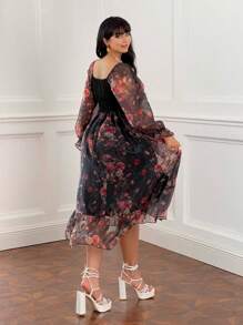 Lyrianda Plus-Size Elegant Floral Print Long Sleeve Dress, Spring & Fall